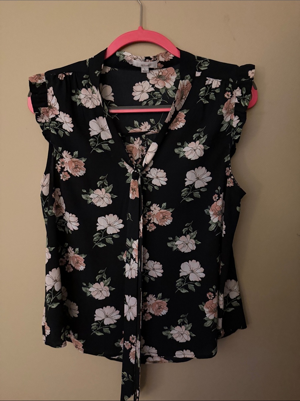 mine Black Floral Tie-Front Sleeveless Blouse with Ruffle Shoulders